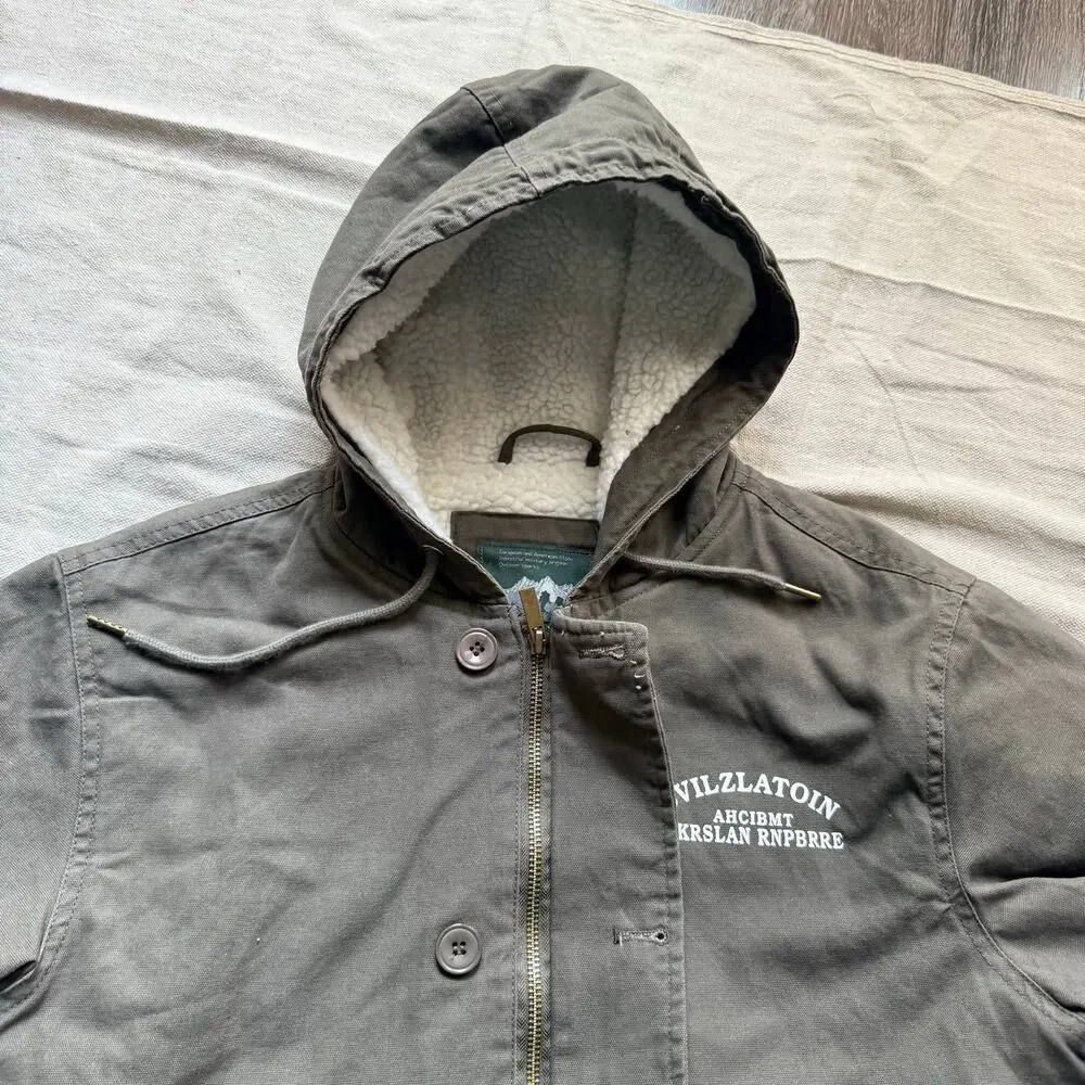 Sherpa Fleece Lined Canvas Hooded Jacket Men's M Olive Workwear Coach Coat